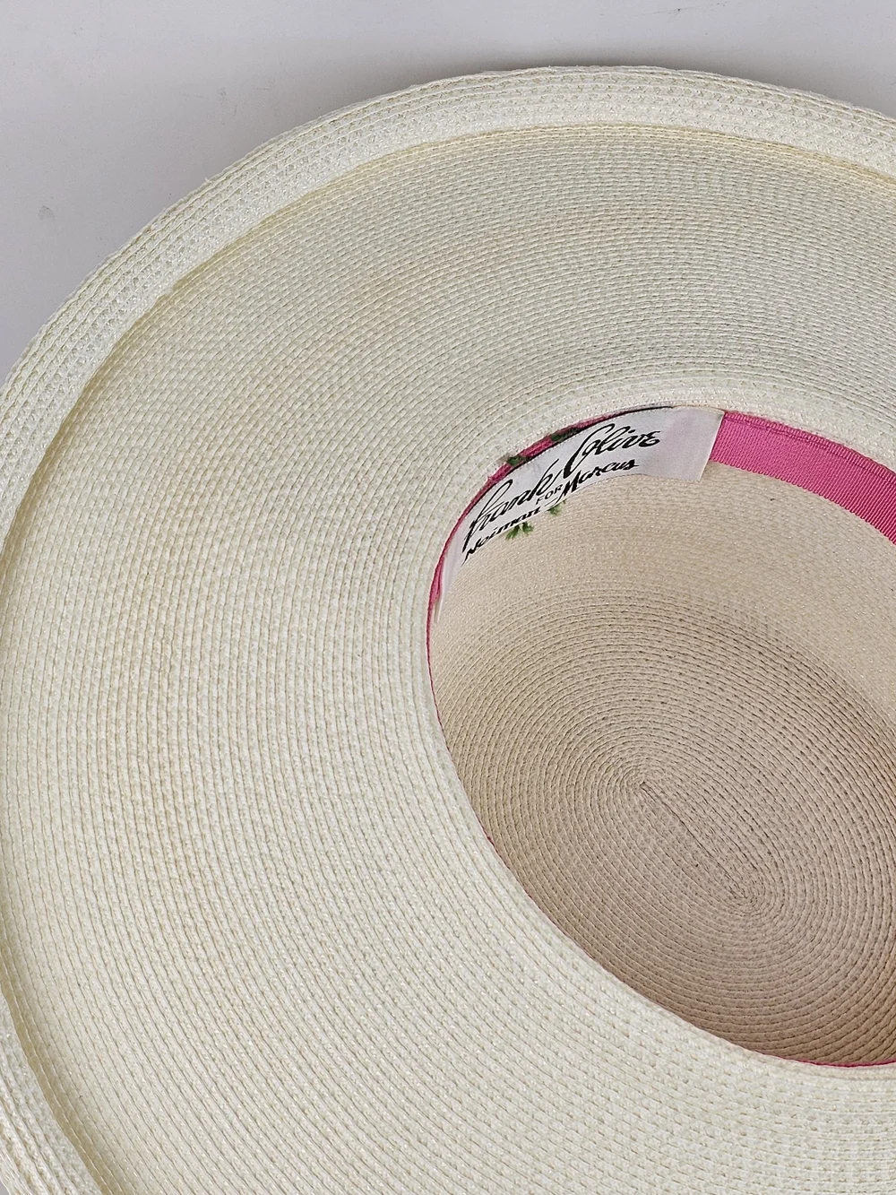 Vintage 1960s Frank Olive Women’s Ivory Wide-Brim Straw Sun Hat with Bow